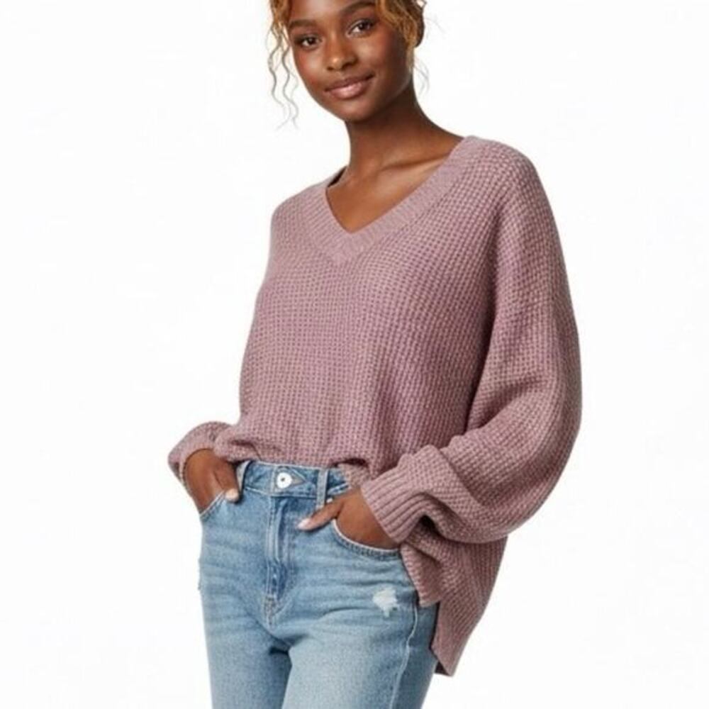 American Eagle Waffle Knit V-Neck Oversized Sweater Womens M Pink Cozy‎ Fall